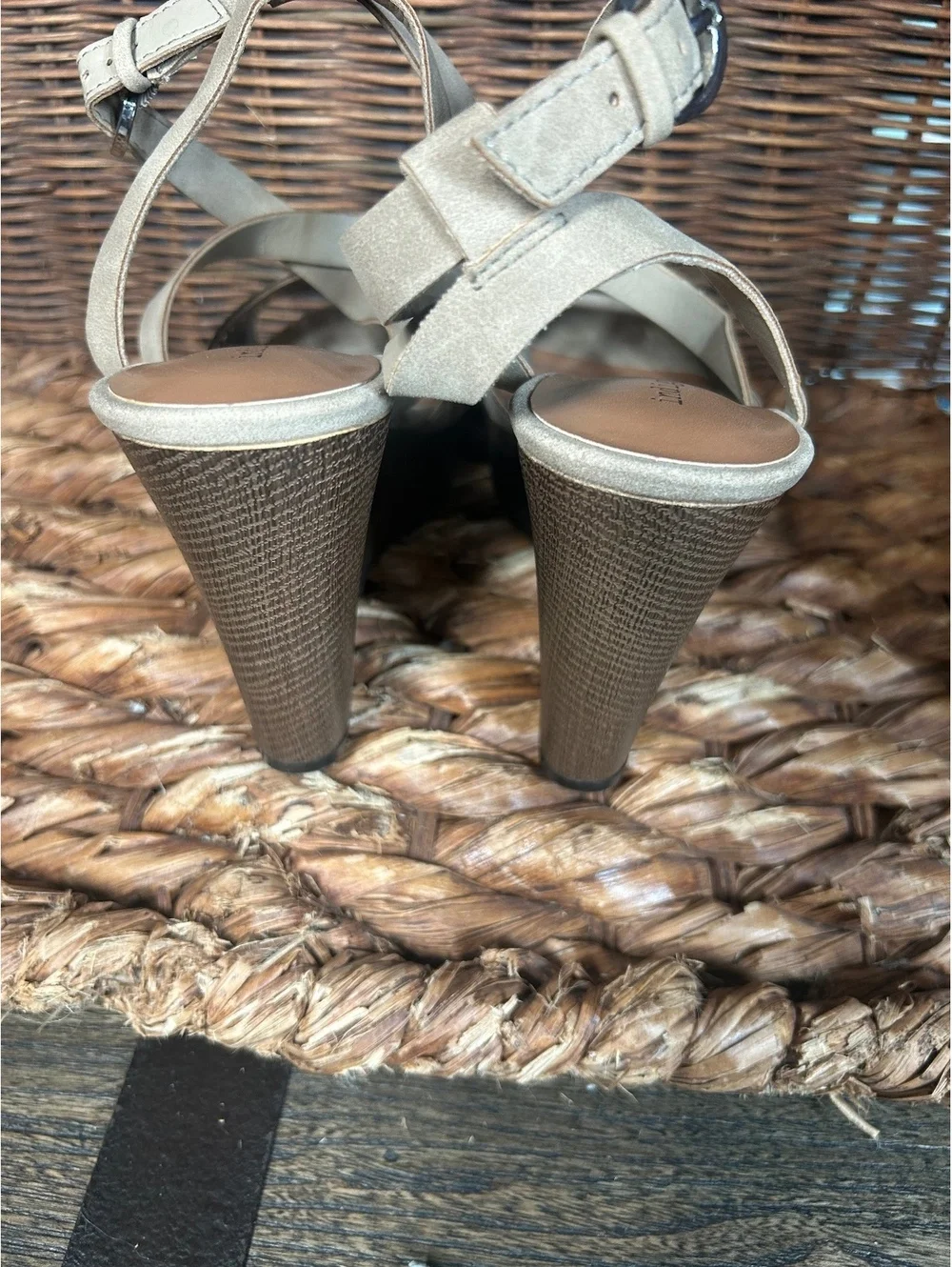 Taupe laser-cut wedge sandals